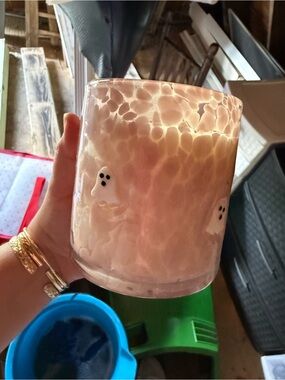 Handblown Pink Opalescent Glass candle with Ghost Motifs